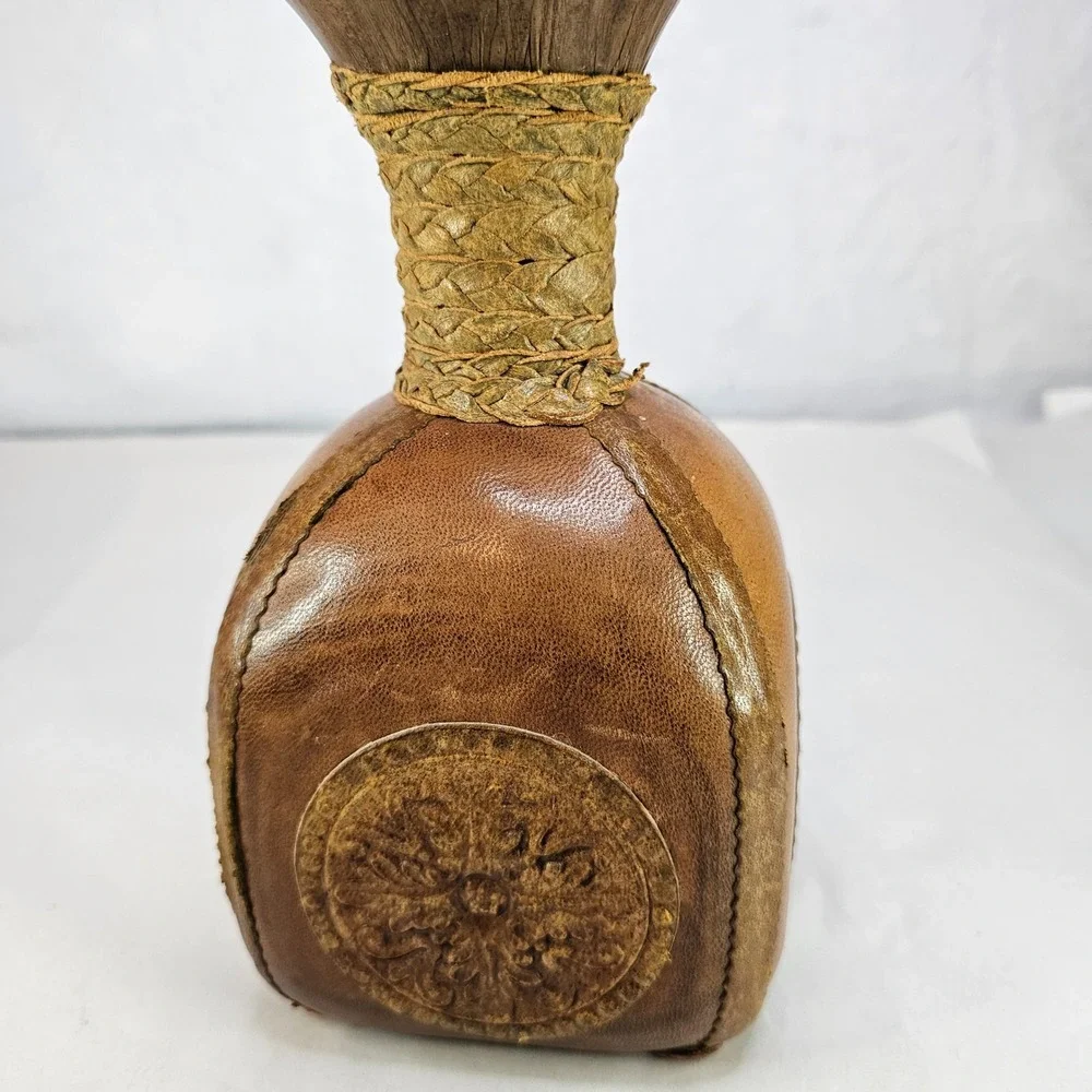 Vintage Brown Leather Decanter Bottle w/ Ball Stopper Rustic Neck Made in‎ Italy